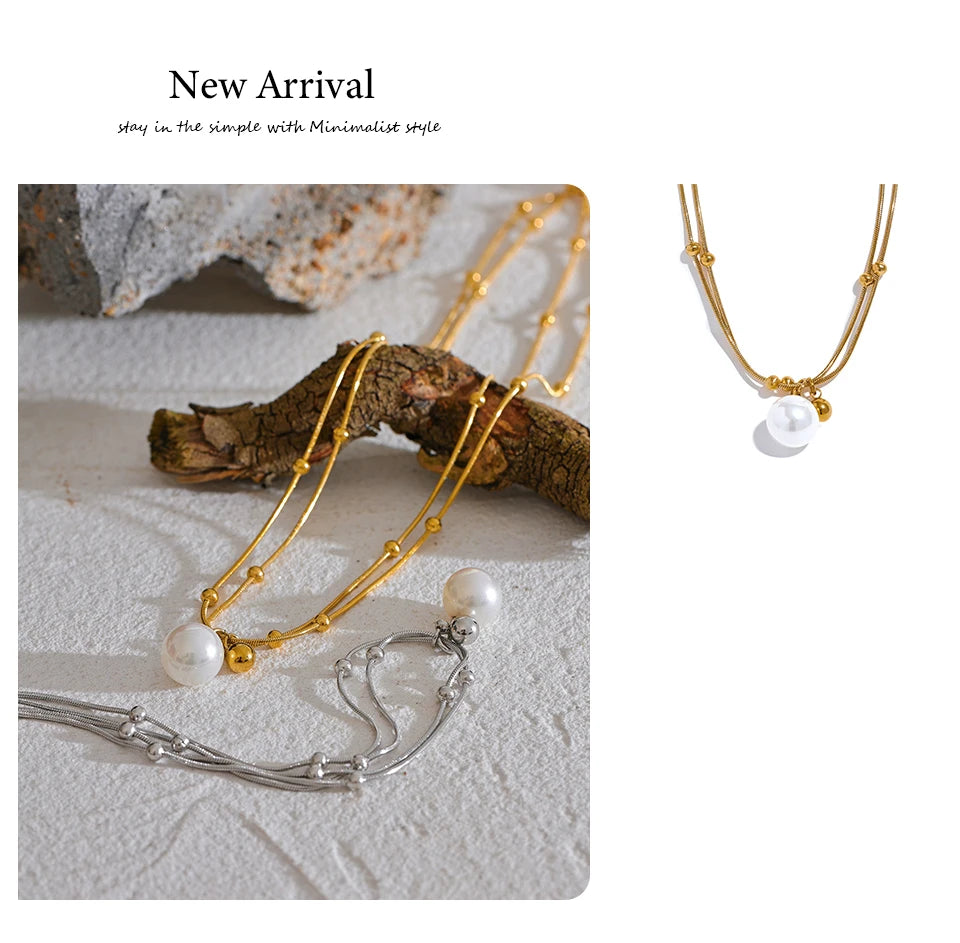 Yhpup Elegant Imitation Pearls Stainless Steel Round Beads Chain Pendant Necklace for Women Gold Silver Color Korean Jewelry