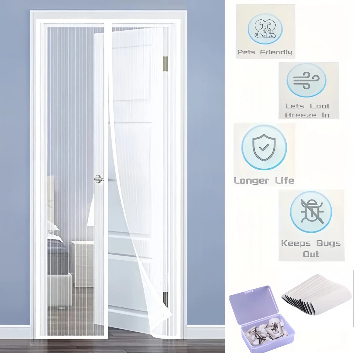 Plasă magnetică pentru uși, retractabilă, plasă pentru animale de companie, plasă pentru terasă, închidere magică, perdea de țânțari, rezistentă la copii, prietenoasă cu animalele de companie