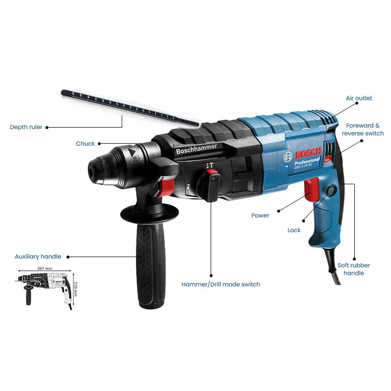 Bosch GBH 2-24RE Electric Hammer Drill Rotary Tool 4200Bpm 2.7J SDS Quick-Chang Impact Driller Reverse Hammer for Concrete Steel