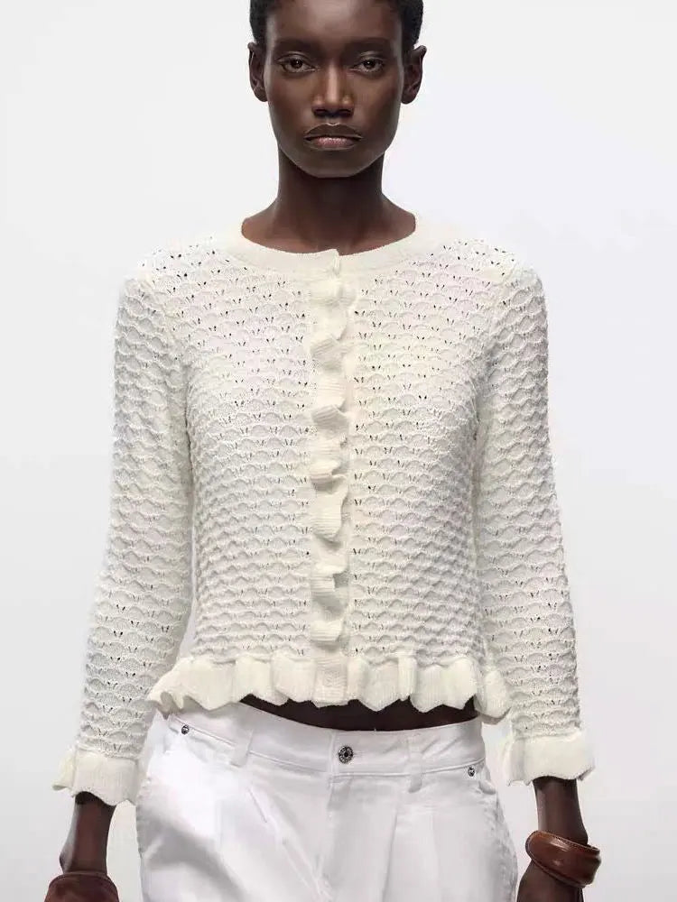 GACVGA Rüschen Strickjacke Chic - Slim Fit, 3/4-Ärmel, M