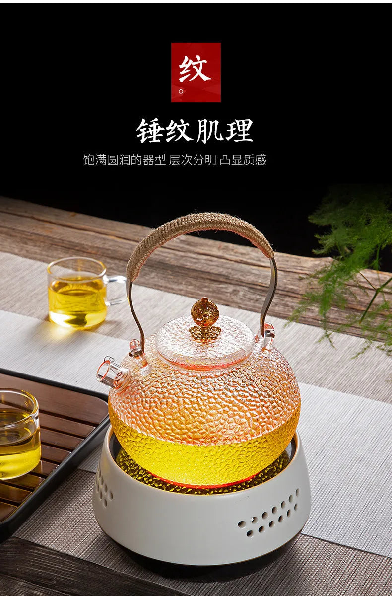 Japanese-style Hammer Pattern High Temperature Resistant Glass Tin Flower Copper Handle Beam Pot Teapot Glass Tea Set