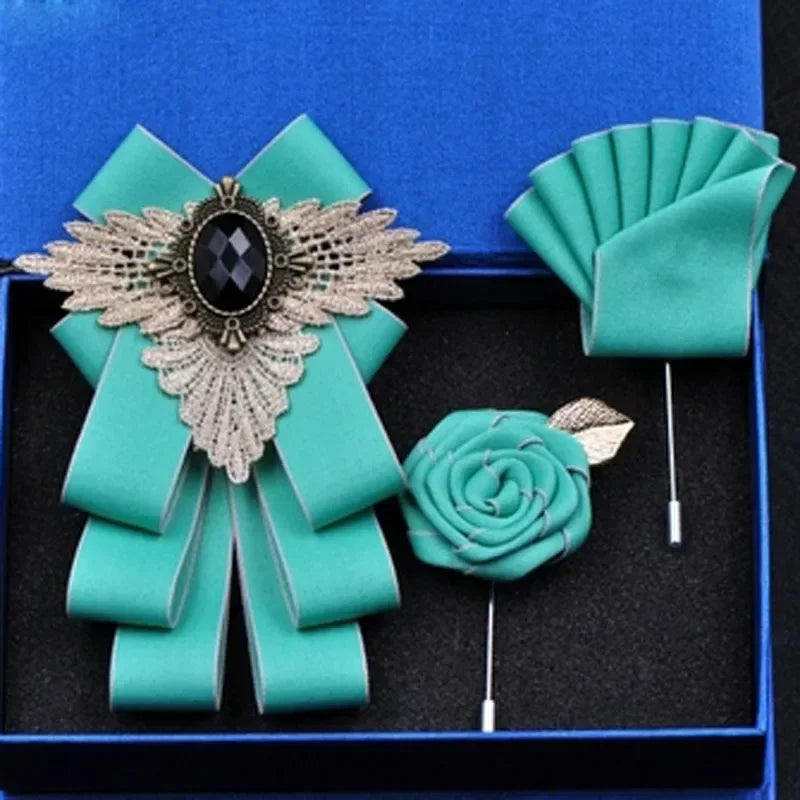 Set de nuntă 2025: Noua modă britanică pentru bărbați, performanță de nuntă pentru mire - Set de accesorii pentru bărbați cu papion, guler floral și buzunar, pentru petrecere de nuntă