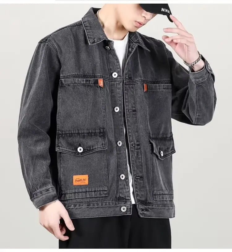 Black Blue Denim Short Jacket Men Jeans Jacket Coats Casual Windbreaker Pockets Overalls Bomber Streetwear Man Clothing Outwear