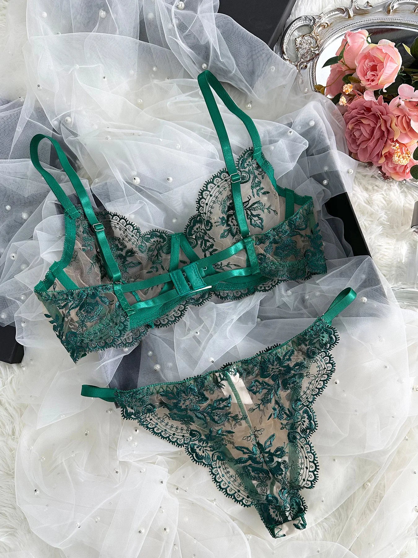 Echonight Fancy Lingerie Lace Embroidery Fairy Seamless Tulle Underwear See Through Exotic Sets Floral Beautiful Bilizna Set