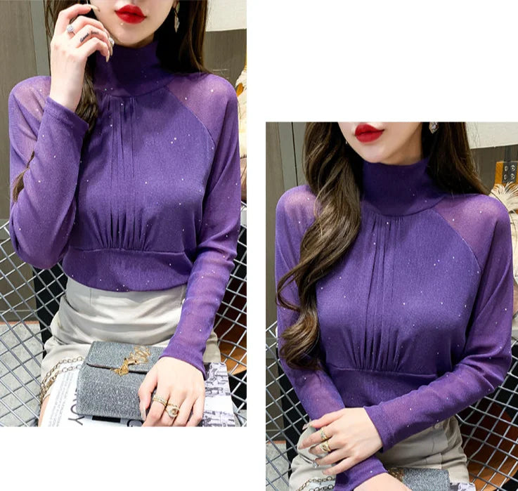 Tops Woman Autumn Winter Red Long Sleeve T Shirt for Women Rhinestone Turtleneck Glitter Sequin Cheap Clothes Elegant Clearance