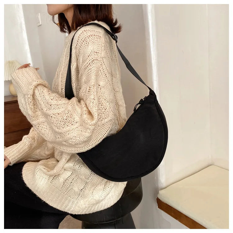 Solid Color Women's Portable Shoulder Bag Simple Female Nylon Cloth Padded Crossbody Bags Travel Purse Handbags Messenger Bag