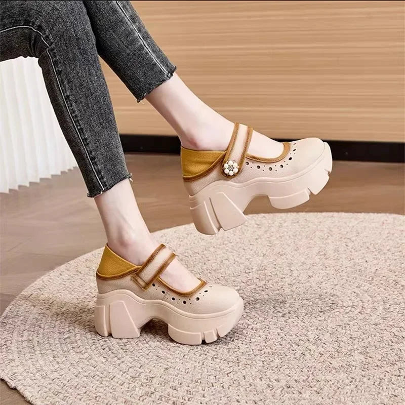 Women's Heels Shoes Summer Sneakers Platform Woman-shoes 2024 Thick Sole Roses Casual Leisure Round Toe Zip PU Retro Rubber
