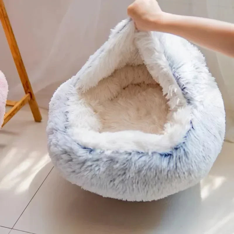 Soft Plush Pet Bed with Cover Round Cat Bed Pet Mattress Warm Cat Dog 2 in 1 Sleeping Nest Cave for Small Dogs