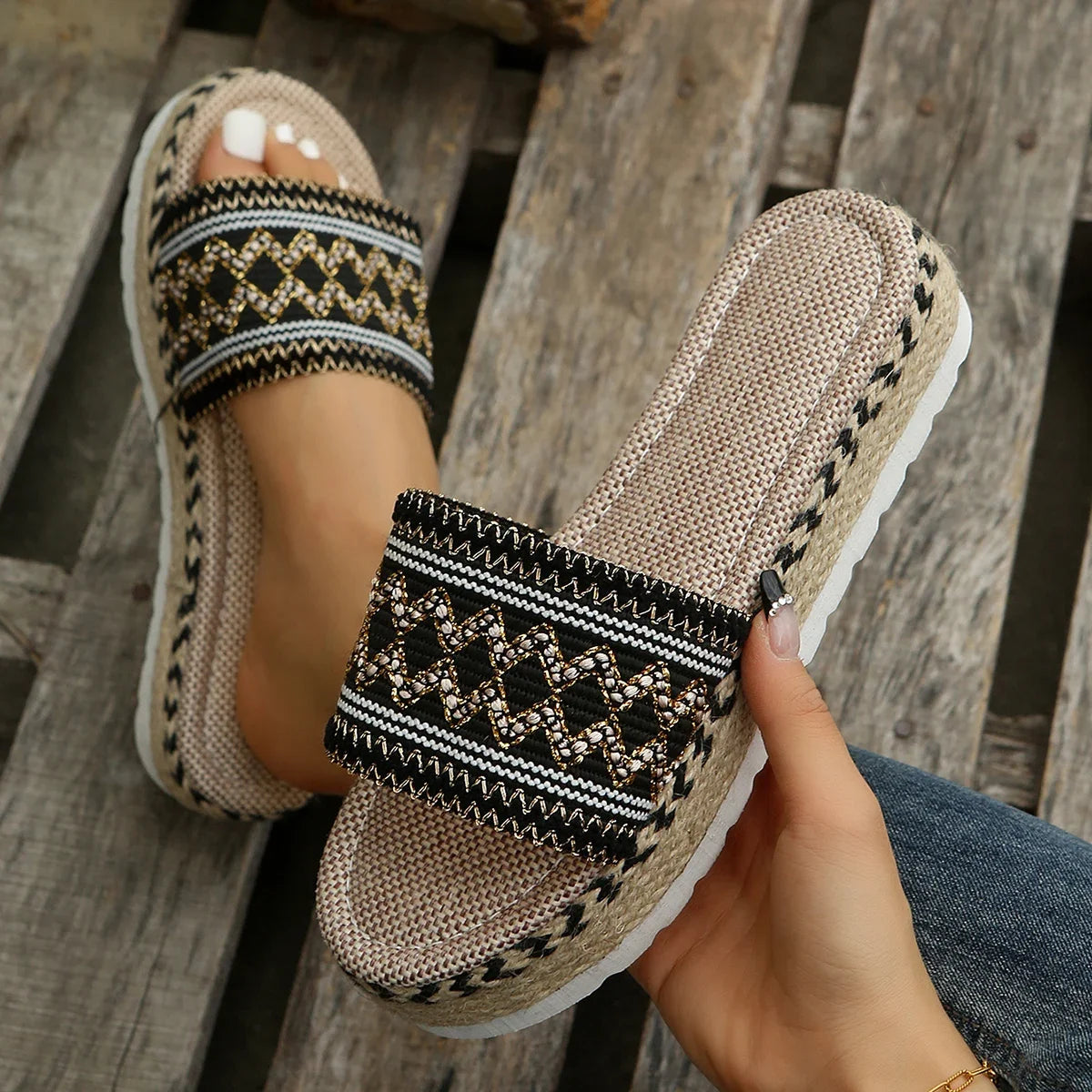 Gewebte Damen Pantoletten Platform - Sommer Schuhe für Damen 2025 Neu - Strand Casual Absatz Sandalen Bohemian Handgemacht Espadrilles