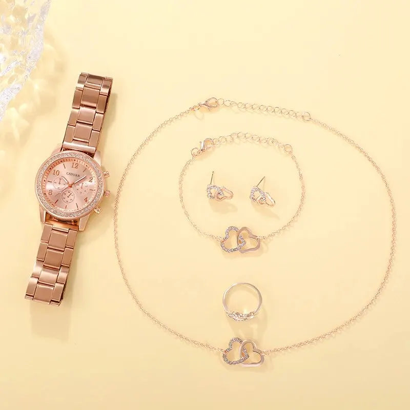 RoséLuxe 6er Set Roségold Schmuckuhr- Strass 38mm Edelstahl