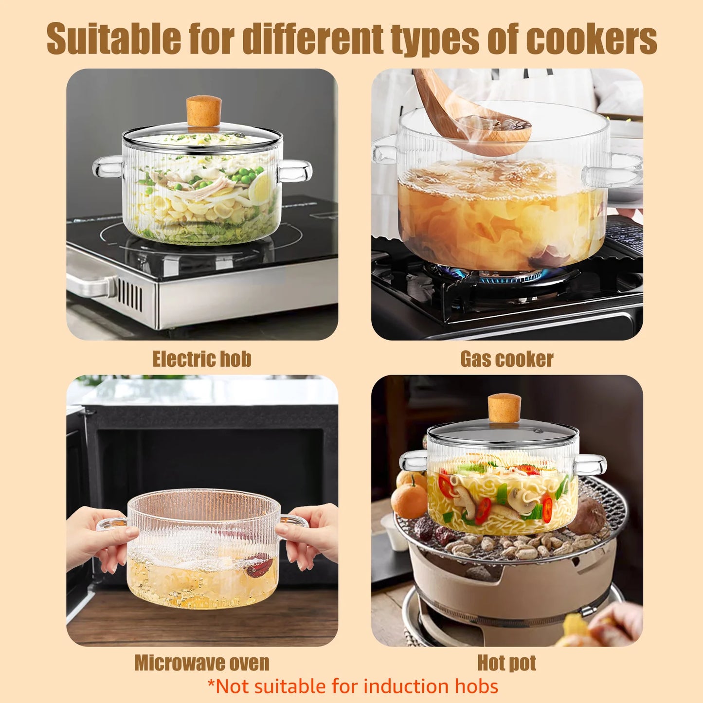 Transparent Soup Pot Heat Resistant High Borosilicate Glass Dual Handles Nonstick Glass Saucepan With Cover Kitchen Cooking Tool