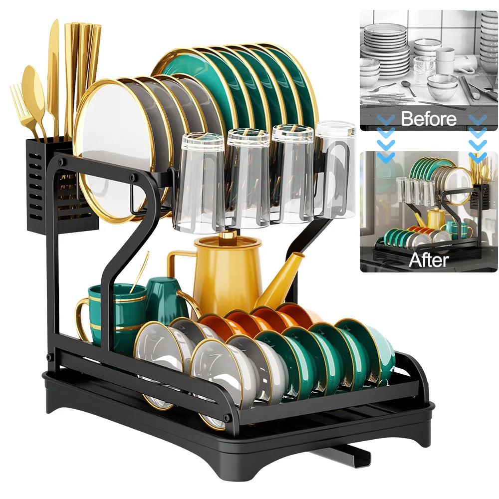Dish Drainer Rack Multi-functional 2-Tier Dish Rack Kitchen Supplies Storage Rack Draining Rack Cup Chopstick Organizer