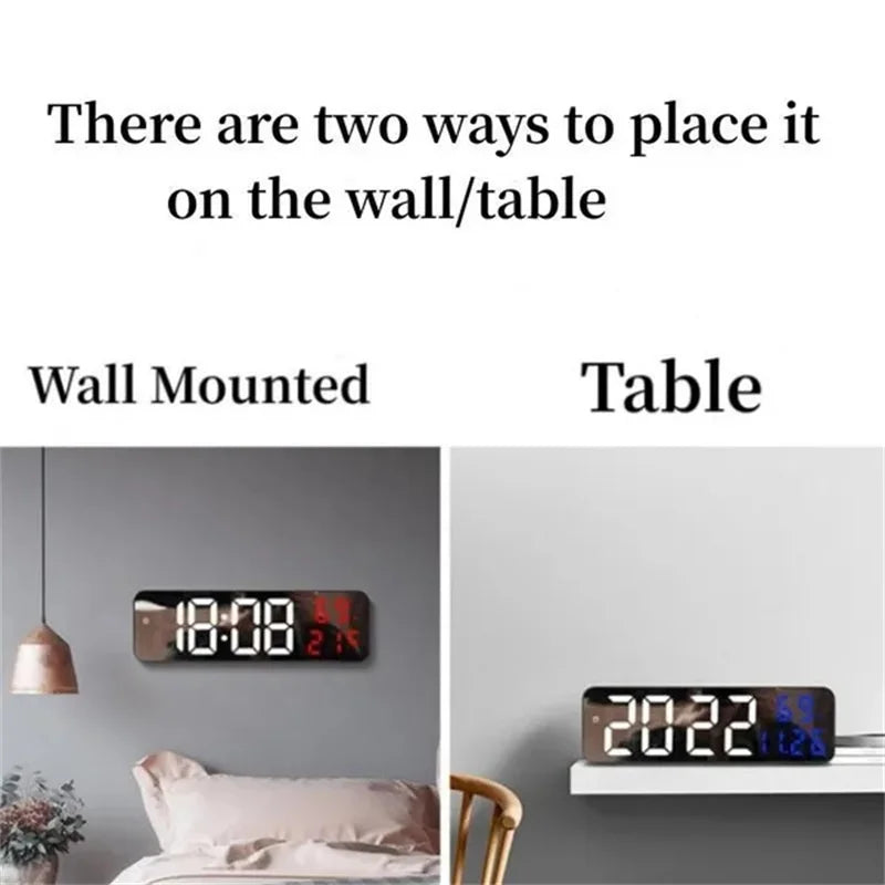 Led Wall Clock Large Screen Digital Mirror Adjustable Brightness Temp Humidity Date Display Alarm Clocks for Home Living Room