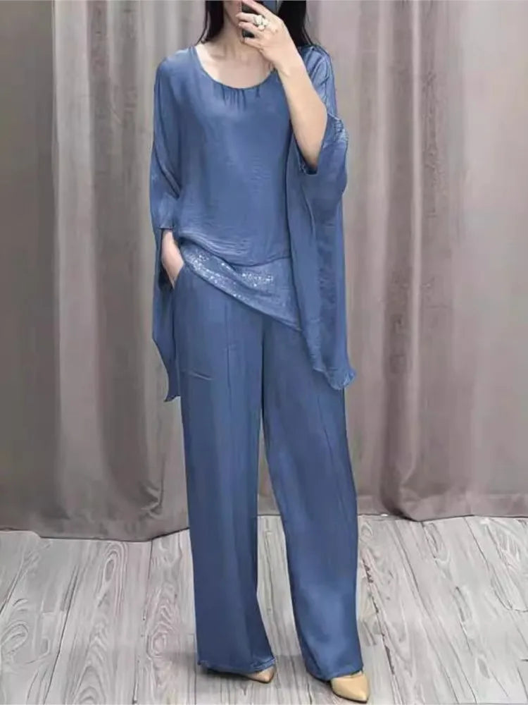 Costum elegant pentru femei, casual, cu mânecă de liliac, bluză, top, pantaloni cu picior larg, la modă, set de 2 piese, ținute de petrecere, toamna nouă 2024