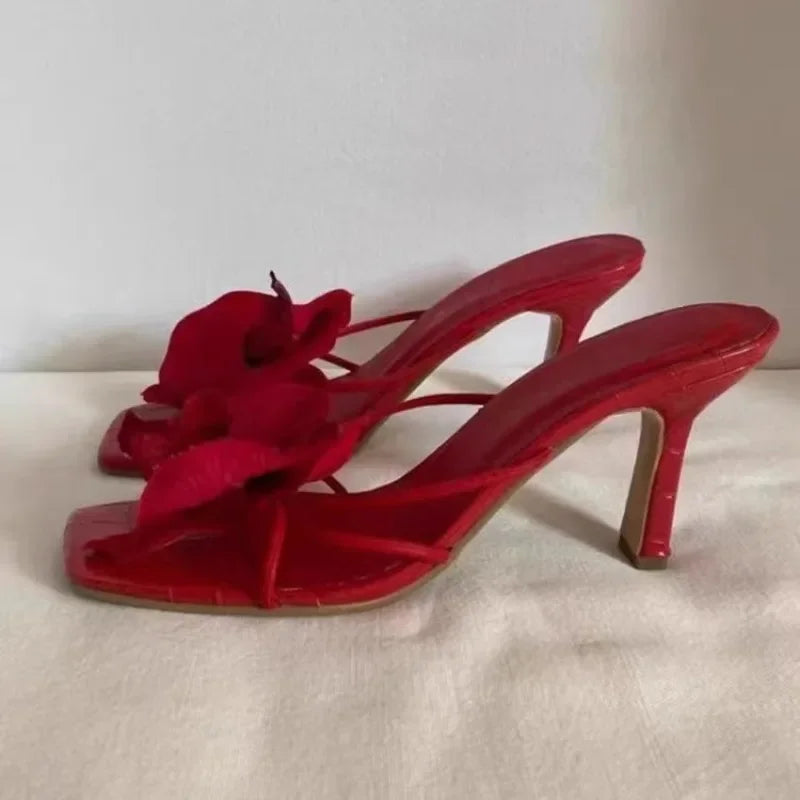 Brand Shoes Female 2025 Summer New Elegant Flowers Design Women's Slippers Casual Fashionable Outer Wear High Heel Slides Women