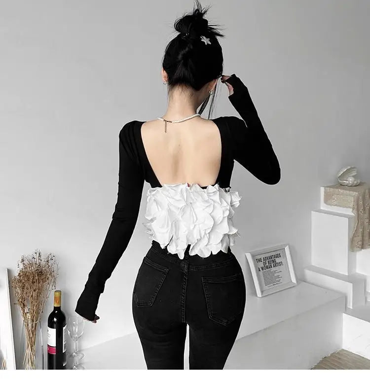 New elegant Tshirts for Women 2025 Ropa Mujer Patchwork Tops Tunic Long Sleeve Tees Backless Crop  Fashion Casual Y2k T-shirt