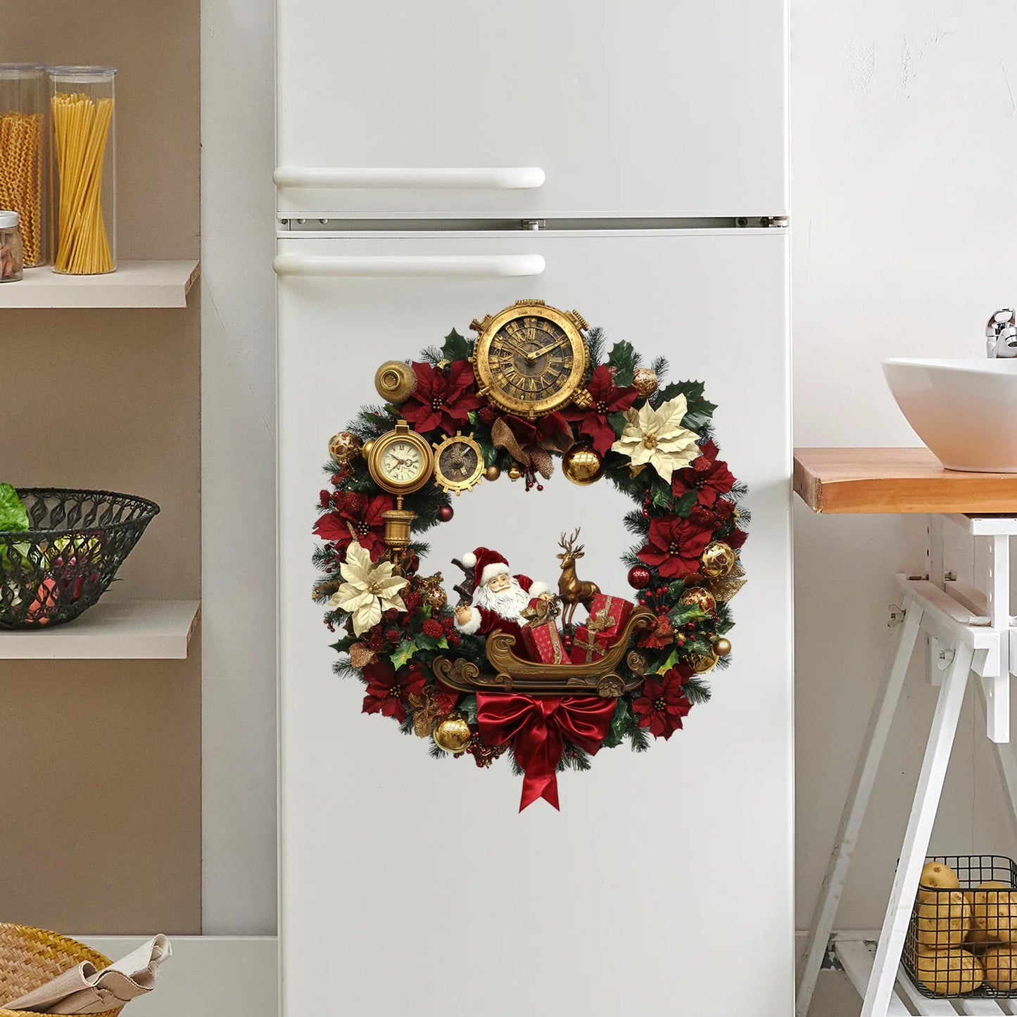 3D Christmas Decor Wreath Decoration Christmas Wall Stereo Garland Pendant Holiday Party Door and Window Decoration Wall Sticker