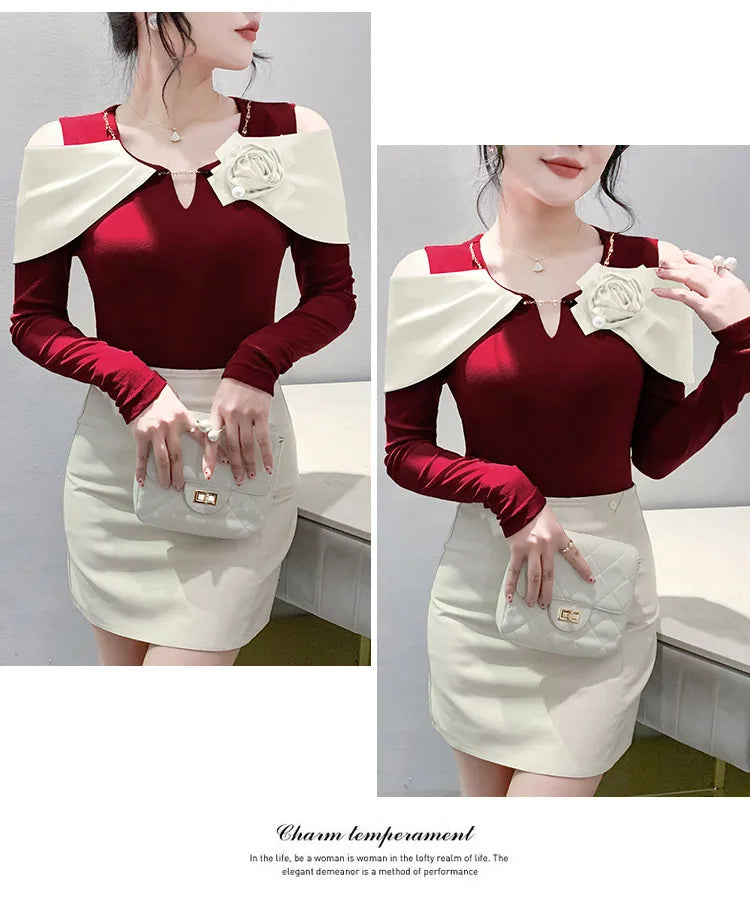 Women T-shirt Fashion T Shirt Cotton Slim Tee For Ladies Autumn Clothing New Long Sleeve Beading V-Neck Tops