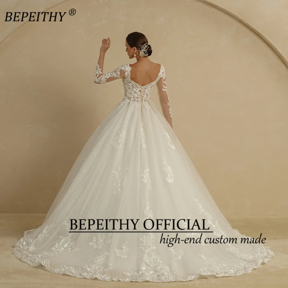 BEPEITHYCustomized Glitter Ball Gown Hochzeitskleid Full Sleeves For Women Bride 2022 Sweetheart Ruffle Skirt Shinny Bridal Dress