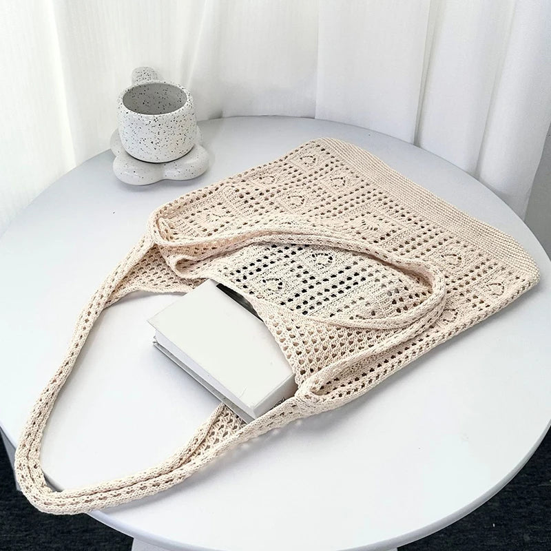 Knitted Handbags Beach Bags Lightweight Students Shoulder Casual Tote Female Style Shopping Woven Bags For Women Girls