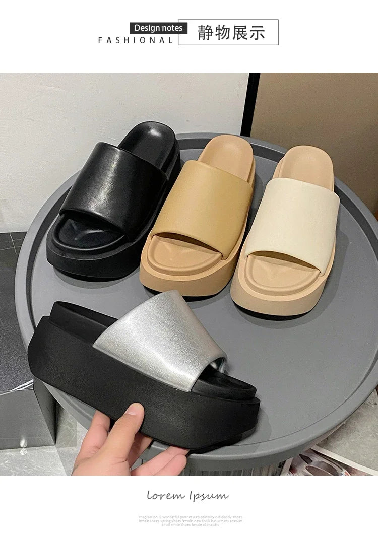 Summer Women Slippers Ladies Beach Flip-Flops Chunky Leather Shoes Wedges Heels Outside Sandals Woman High Platform Slippers 8CM