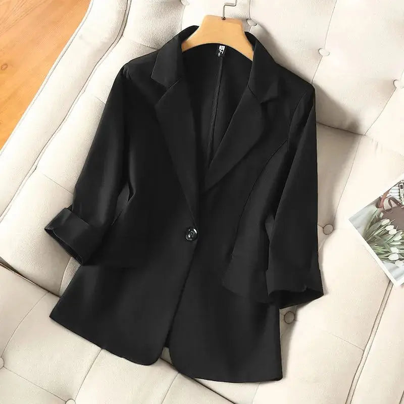 Sacou de damă albastru solid, casual, cu guler întoars, cu un singur nasture, mânecă trei sferturi, costum, blazer, jachete scurte, palton, modă 2024