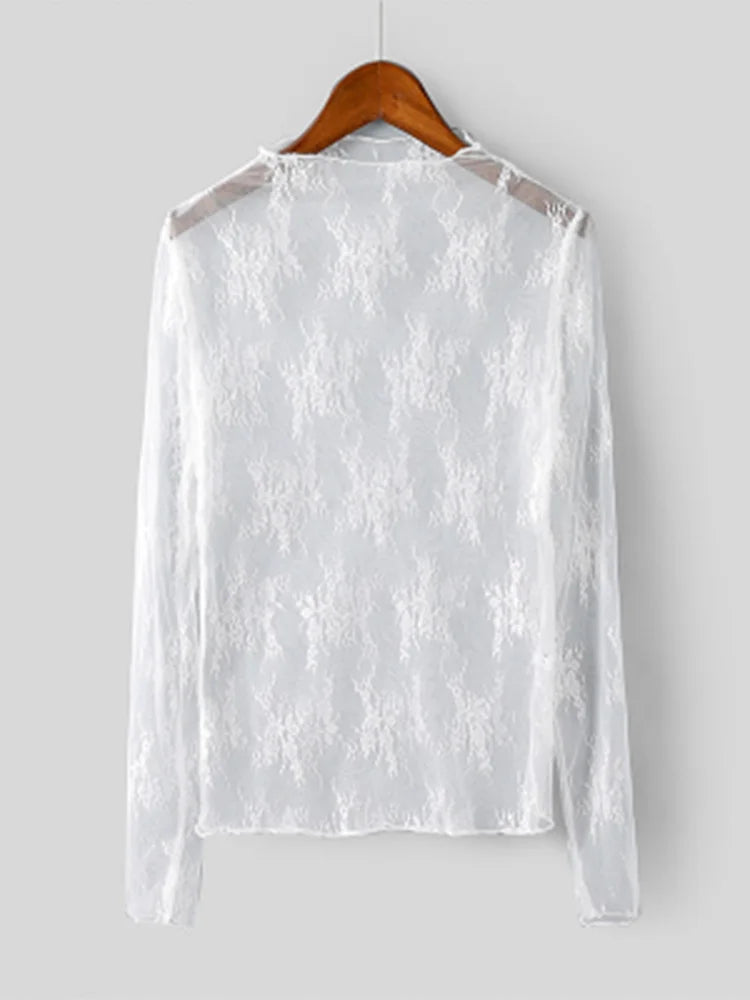 Summer Women Lace Floral Embroidery Blouses Shirt Ladies tops elegant mesh Blouses Transparent Elegant See-through Black Shirt