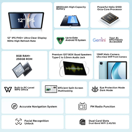 DOOGEE Tab E3 Gemini AI - 12 Zoll Display, 8800mAh Akku, Helio G100