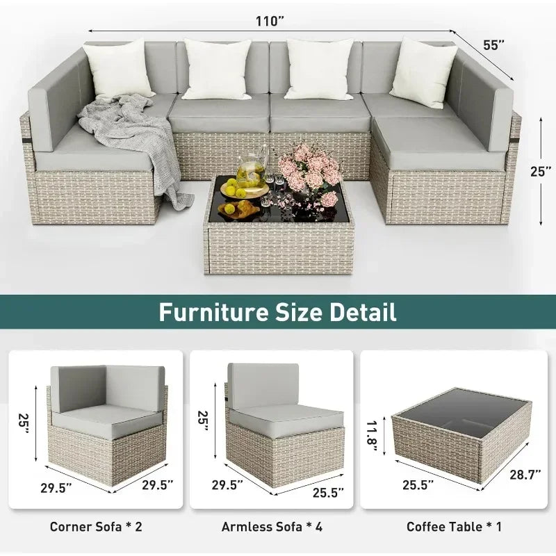Patio Furniture Set, 7 Pieces Modular Outdoor Sectional, Patio Sectional Sofa Conversation Set, Rattan Sofa with Coffee Table