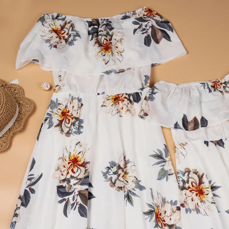 New Mother Daughter Summer Dresses Floral Slash Neck Beach Chiffon Dress Mom Mommy and Me Loose Dress Family Matching Outfits