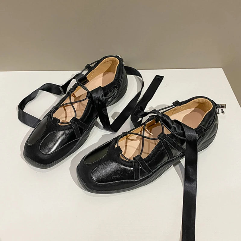 Ballet Flat Sneakers Women's Thick Bottom Bowknot Hollow Out Shoes Fashion Designer Mary Jane Ballet Comfort Shoes Female