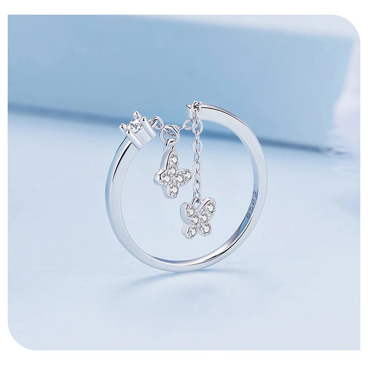 WOSTU 925 Sterling Silver Butterfly Link Open Rings pentru femei delicat strălucitor zircon reglabil inel Fine Party bijuterii cadou