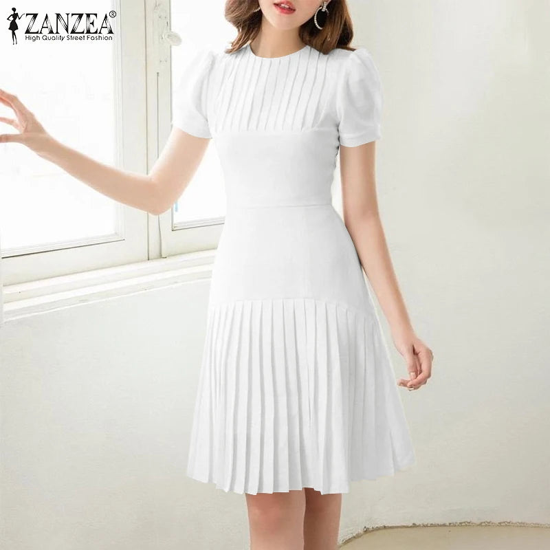 Rochii elegante de birou pentru femei 2025, rochie de vară ZANZEA, rochie elegantă cu mâneci scurte și bufante, plisată, pentru petreceri, până la genunchi, halat de baie