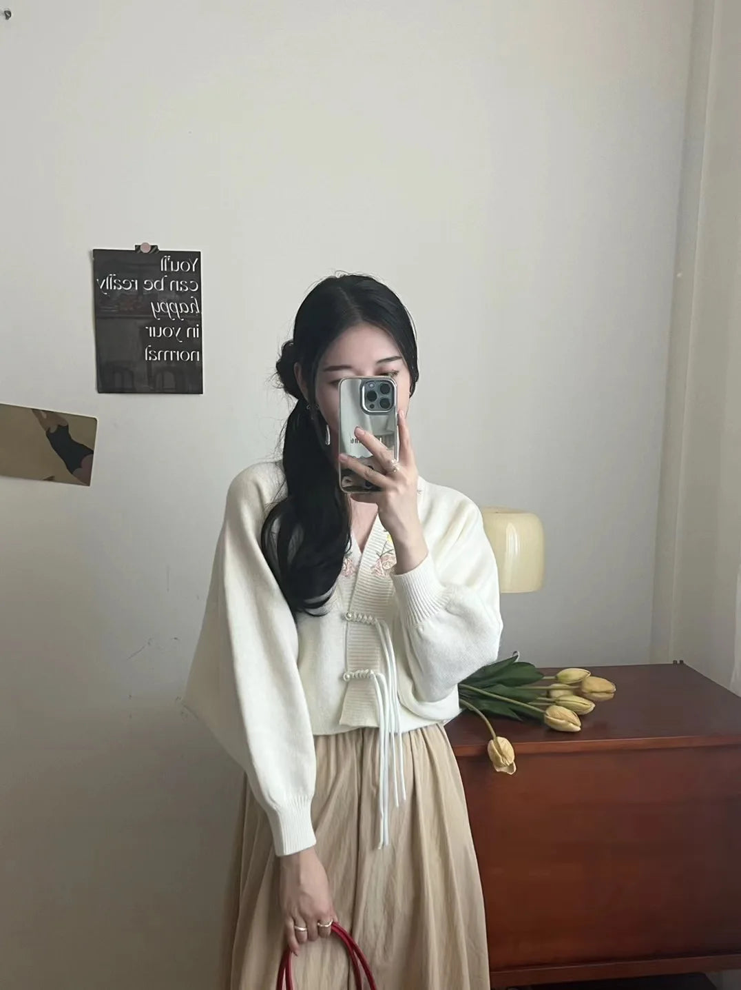 Cardigan BONNTEECN cu decolteu în V și broderie - Lungime scurtă 10-40 cm, Greutate material 120-220 g