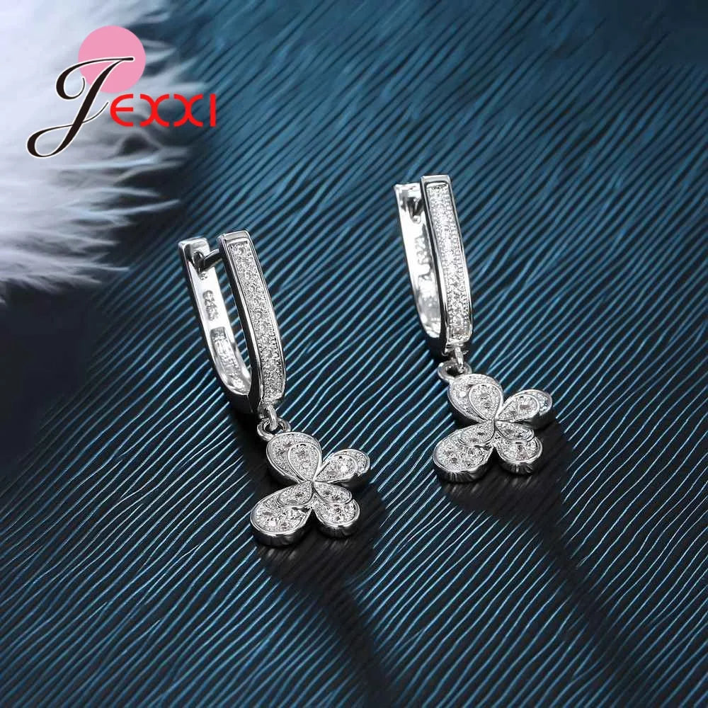 Full of White Zircons Cute Double Butterfly Jewelry Set For Women Party 925 Sterling Silver Necklaces With Earring Fashion