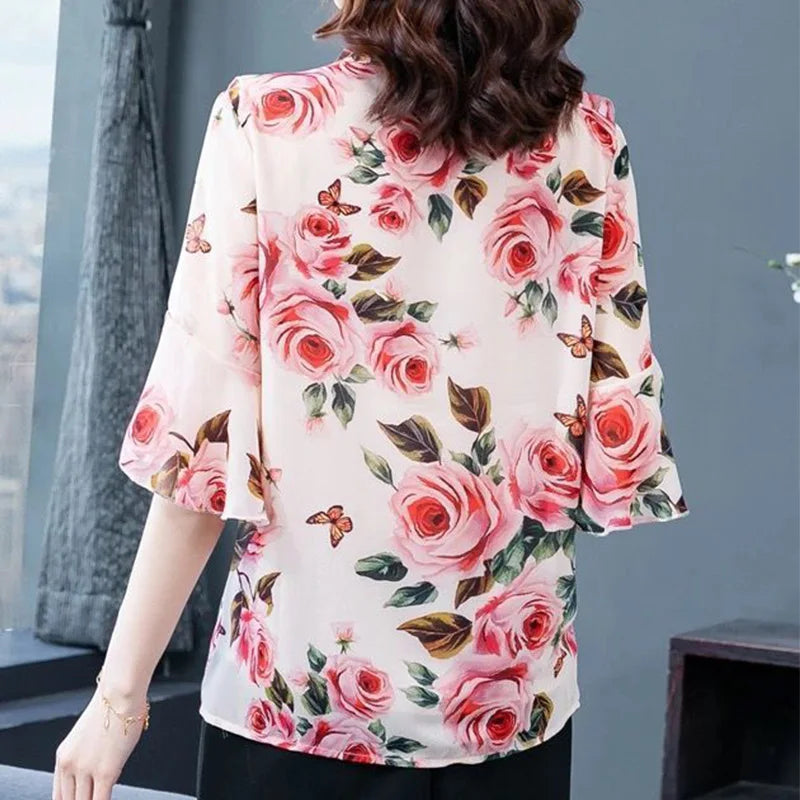 Elegant Fashion Floral Printed Bow Drawstring Chiffon Shirt Summer 2023 V-Neck Three Quarter Sleeve Slim Blouse Women's Clothing