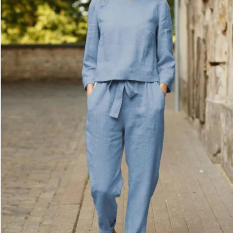 Suit Set Einfarbig Blusenhose Rundhals - Polyester Größe L