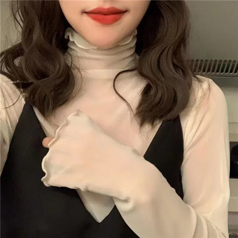Sexy Women T Shirt See Through Transparent Tops Long Sleeve Ladies T-Shirt Pink Green Basic Top for Female Bottoming Blouses