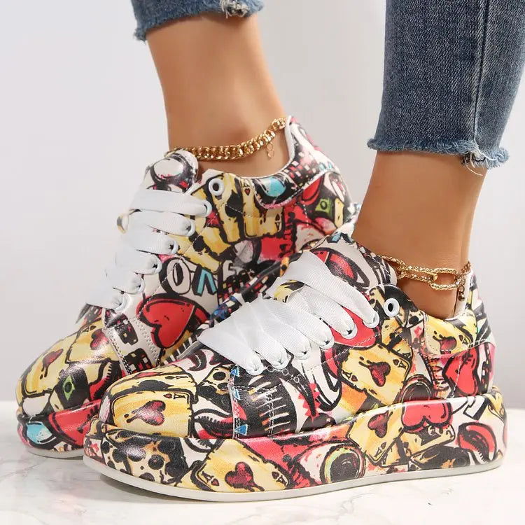Women Sneakers Thick-soled Increased Women Sneakers New Hand-painted Graffiti White Women Shoes Outdoor Casual Shoes Plus Size