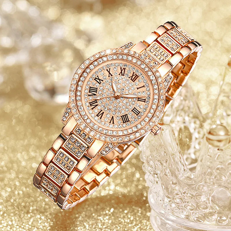 Mode Luxus Vollkristall 5-teiliges Set - Uhr Halskette Ohrringe Ring Set für Damen - Strass Armbanduhr Damen Armband Set Geschenk