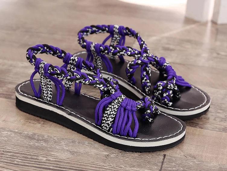 Women Sandals Summer Closed Toe Flat Romen Sandals Women Mixed Colors Rope Knot Sandals Women  Casual Beach Sandals Plus Size