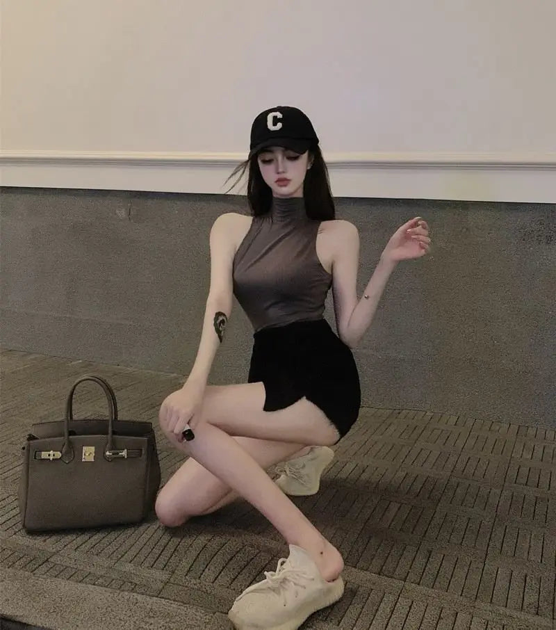 Sexy Tank Top Solid Halter Crop Tops Women Summer Camis Turtleneck Camisole Fashion Casual Tube Female Sleeveless Cropped Vest