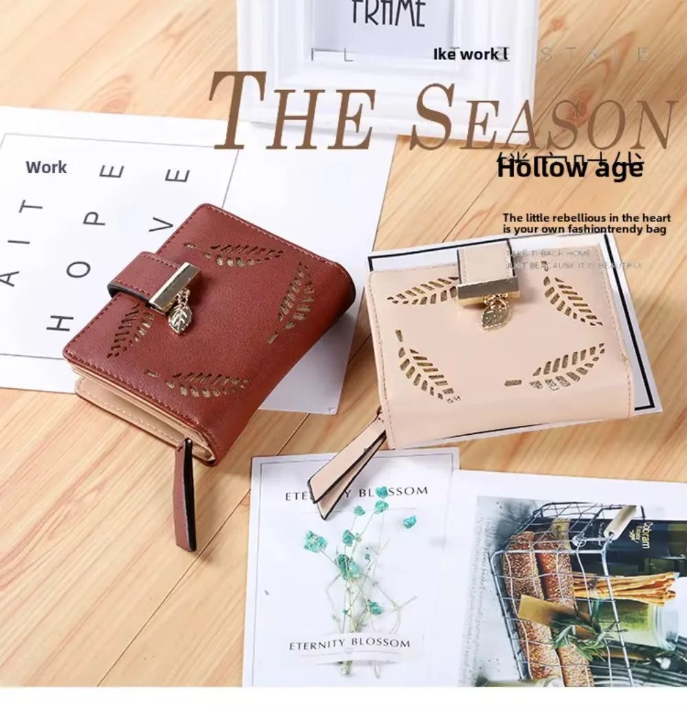 Portofel de lux pentru femei, portofel din piele, portofel scurt cu fermoar, geantă de mână mică, model cu frunze scobite, portofele de brand la modă