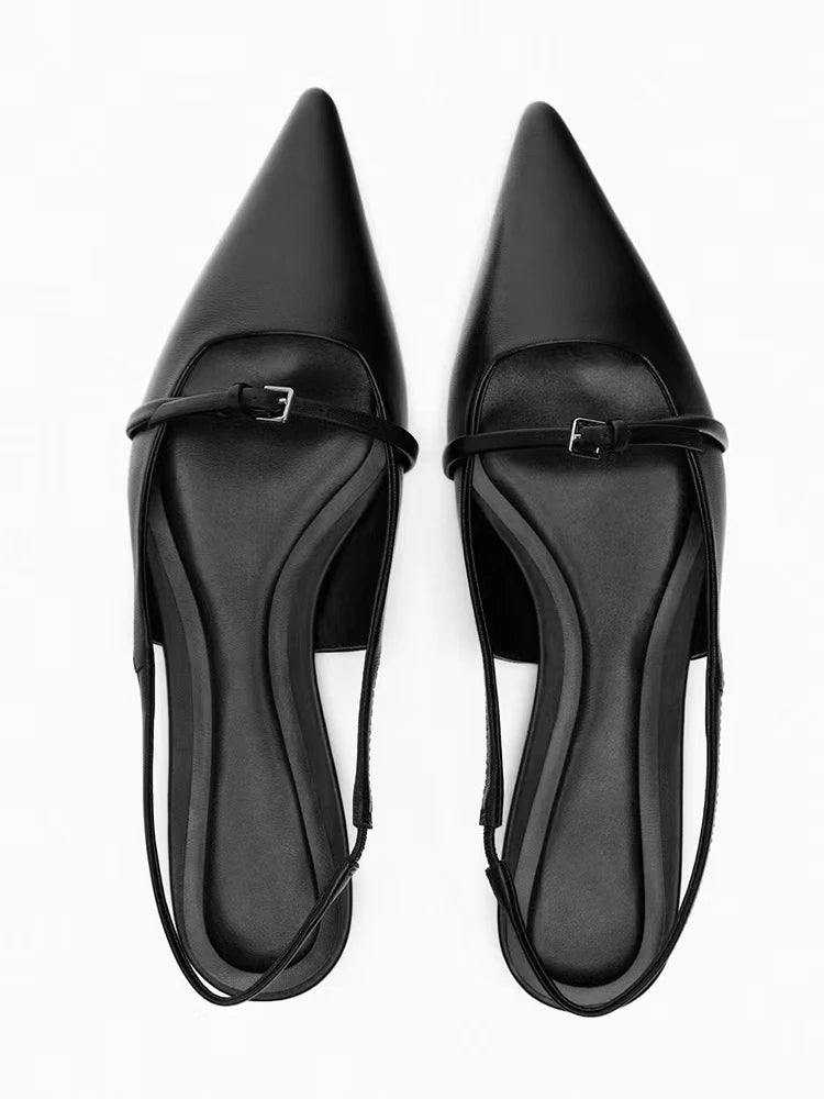 Slingback Flat Bottom Women Sandals Summer Black Leather Pointed Woman Ballet Shoes Fashion Low-heel Woman Shoes