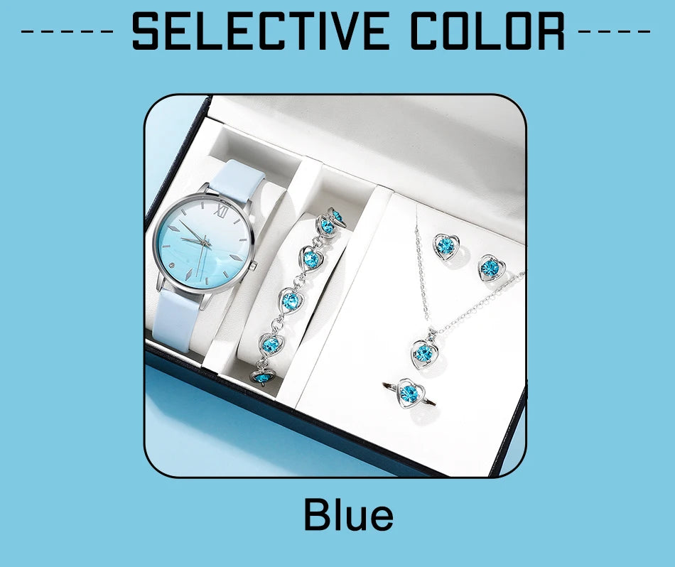 Moda 6er Set Quarz Uhr Damen - Blau Strass Leder 18mm