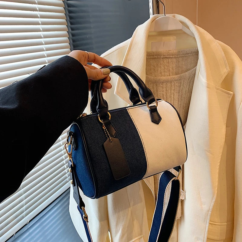 Patchwork Colorblock Mini Handbags For Women Denim Shoulder Cross Body Bags Casual Street Small Boston Bag 2024 Designer Purses