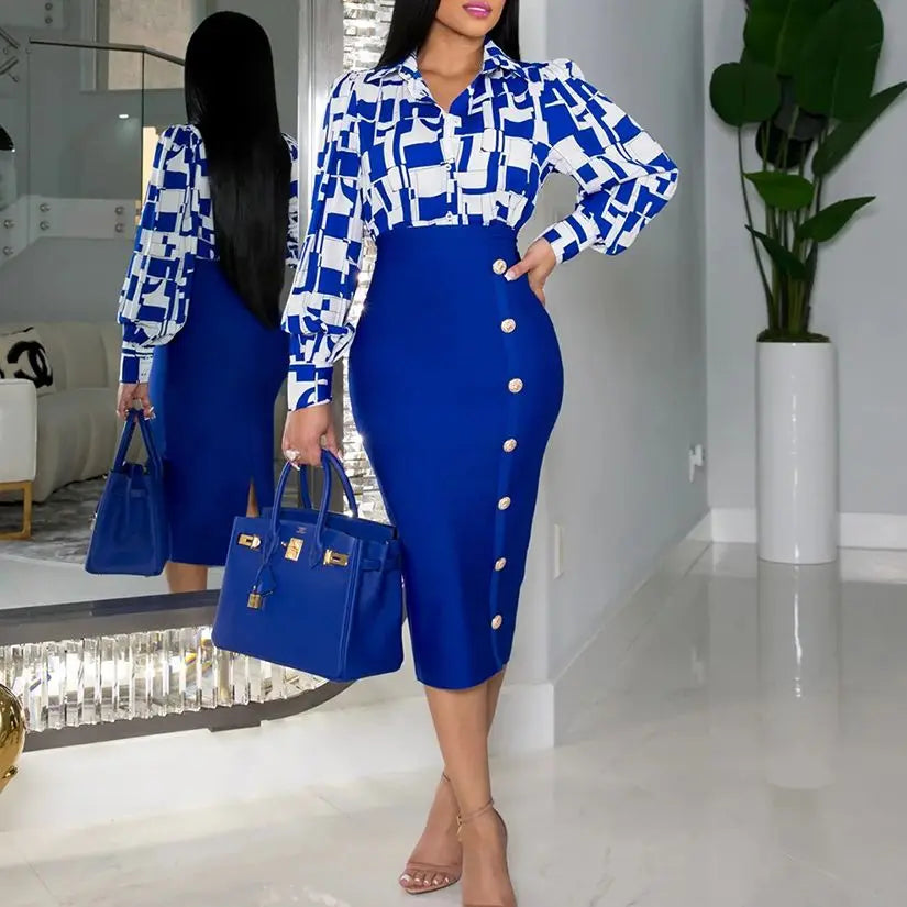 Elegant 2 Piece Set Women OL Outfits Fashion Business Long Sleeve Print Blouse Shirt High Waist Bodycon Skirt Sexy Office Work