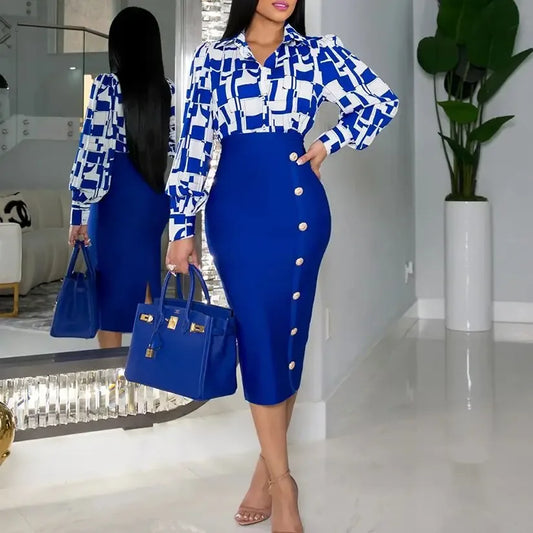 Elegant 2 Piece Set Women OL Outfits Fashion Business Long Sleeve Print Blouse Shirt High Waist Bodycon Skirt elegant Office Work - Golden Bridge Store
