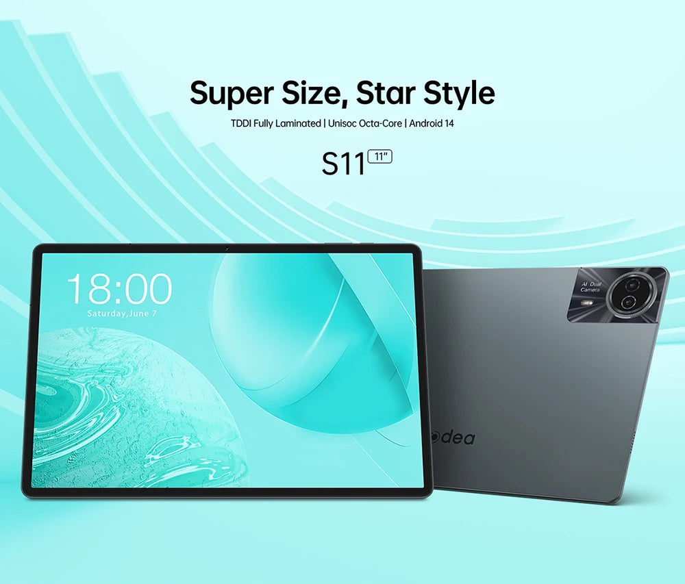 Odea S11, 11 inch TDD, 8000Mah, tabletă Android 14 (expansiune 6Gb+10Gb), 16Gb RAM, 256Gb ROM, rezoluție 1920X1200 IPS, Unisoc T606, 8 nuclee, Mali-G57, 4G LTE, Wifi, GPS, 2 sloturi SIM + 1 slot pentru telefon, Widevine L1 pentru Netflix.