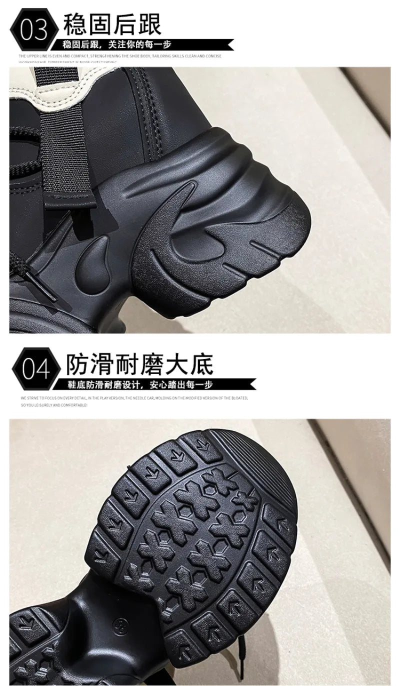 Women Walking Sneakers Autumn Lace-up High Platform Chunky Shoes Breathable Leather Shoes 10.5CM Winter Wedge Heels Casual Shoes